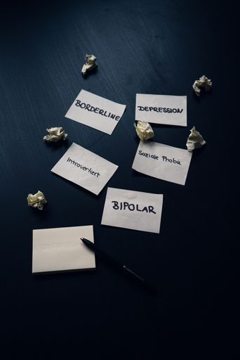 A closeup of papers with various mental disorders next to crumpled ones on dark melancholic background