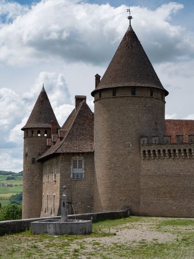 A vertical view of the conical towers of Castle Virieu under a cloudy sky in a rural landscape.