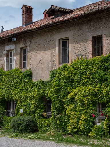 A vertical view of the wall of Castle Virieu covered with green ivy on a sunny bright day with blue sky