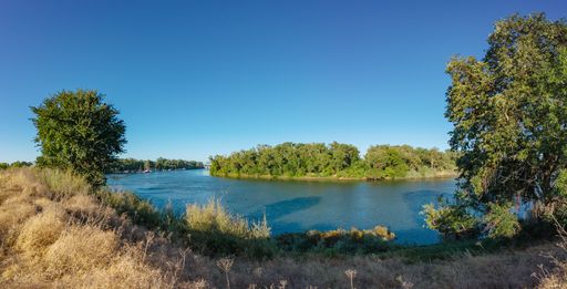 A scenic view of the Sacramento River surrounded by lush green trees under a clear blue sky.