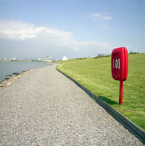 A scenic view of an empty walkway in Cardiff Bay, South Wales in the UK