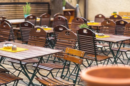 Empty beer garden in Munich. Nobody dares to leave the house for fear of being infected with coronavirus (SARS-CoV-2)