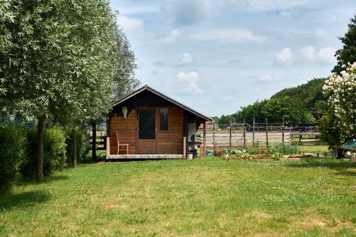 A wooden building in a ranch covered in greenery surrounded by fences in the countryside