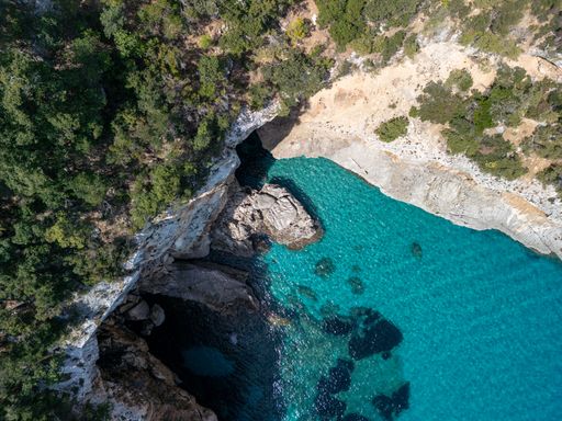 Aerial view of Cala Sisine, Golfo di Orosei, Baunei, Sardegna, Italy