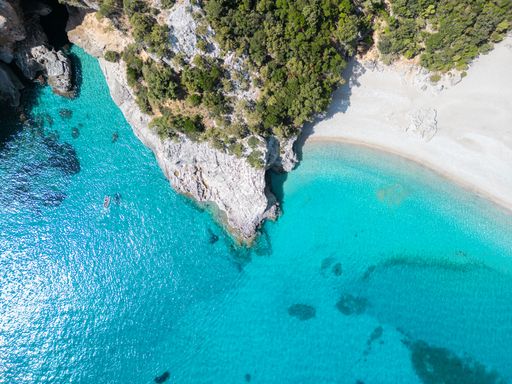 Aerial view of Cala Sisine, Golfo di Orosei, Baunei, Sardegna, Italy