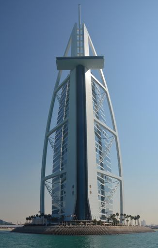 A vertical shot of the luxury Burj al Arab Hotel, seen from the rear side.