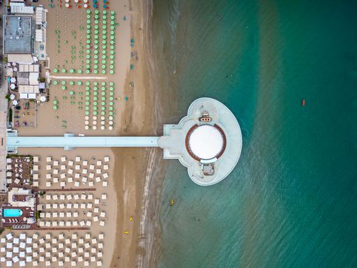 An aerial view of the sea and the velvet beach of Senigallia in the province of Ancona Marche