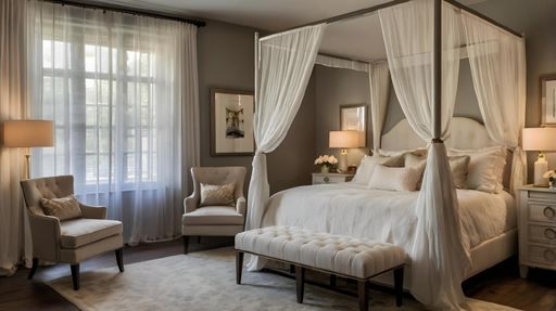 Elegant bedroom interior with a canopy bed, armchairs, and soft lighting, creating a cozy and luxurious atmosphere.