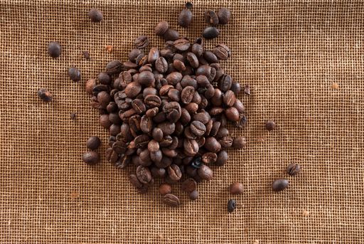 Coffee on sac backgroud. Coffe of Guatemala, organic. Coffea arabica Guatemala.
