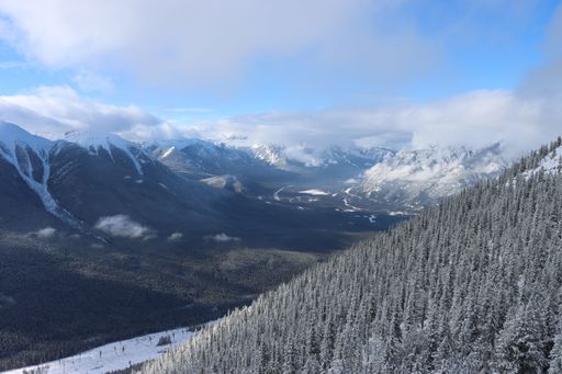 The scenic view of Alberta's Rocky Mountains covered with snow. Canada
