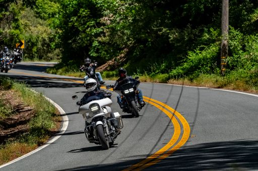 A group of motorcyclists riding on a scenic winding road through a forested area