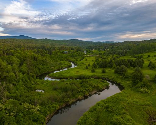 Aerial view of a winding river through lush green landscape with mountains and cloudy sky in the background.