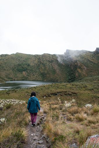 A vertical back shot of a young woman hiking in Paramo in Sumapaz National Park on a cloudy day in Bogota, Colombia