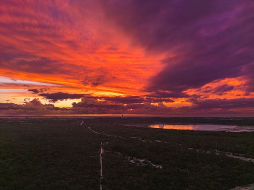 A Drone shot of stunning sunset over a lush forest with dramatic clouds and vibrant colors in the sky