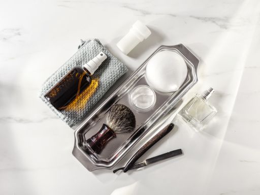 Men face care accessories ona  marble background