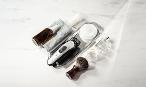 Men face care accessories ona  marble background