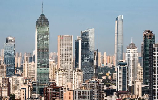 Aerial view of the magnificent modern financial district skyscrapers on the Wuhan skyline are illuminated by sunlight