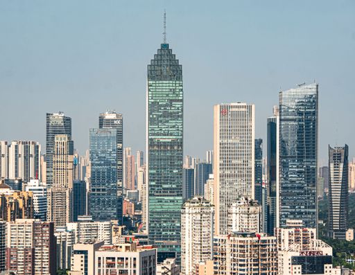 Aerial view of the magnificent modern financial district skyscrapers on the Wuhan skyline are illuminated by sunlight