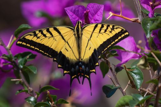 A close-up of a Mariposa Cometa Xochiquetzal
perched on a vibrant purple flower in a garden.