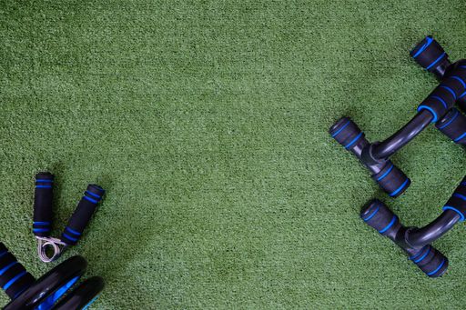 A top view of gym equipment on the grass