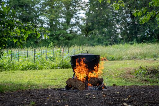 A cast-iron kettle over a fire in the forest