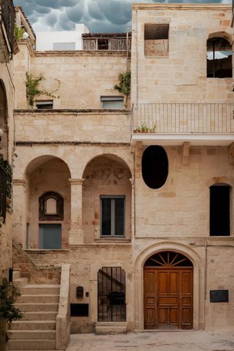 A Historical stone building with arches and wooden doors in an old European town under a cloudy sky