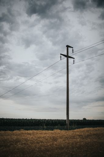 A vertical shot of a big open field under the gray cloudy sky with a utility pole in the middle