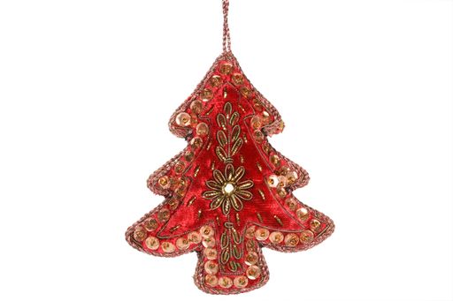 A close-up of a red Christmas tree ornament decorated with sequins and beads on a white background.