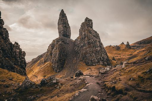 A Scenic view of the Old Man of Storr rock formation on the Isle of Skye, Scotland, under a cloudy sky