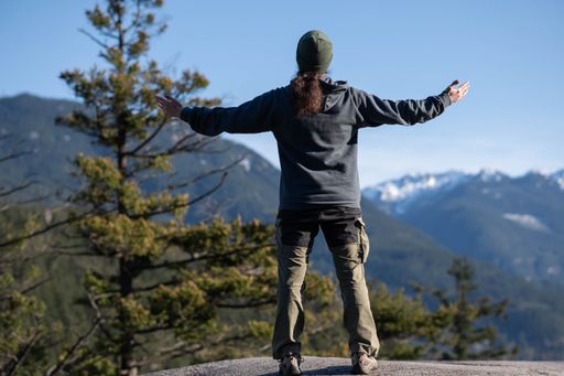 A person with open arms enjoying the view of snow-capped mountains and trees on a sunny day
