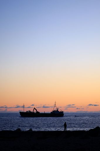 Silhouette of a person standing on the shore with a ship in the distance during sunset over the ocean