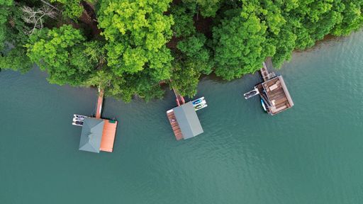 An aerial view of docks with moored boats on  Lake Keowee in South Carolina