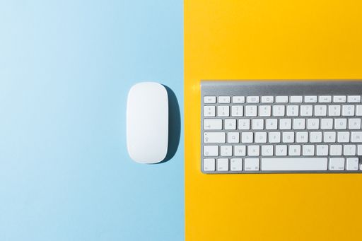 A work table with a blue and yellow background