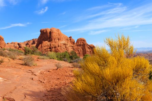 Scenic view of red rock formations and desert vegetation under a clear blue sky in Arches National Park, Utah.