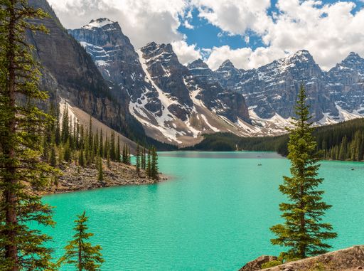 Beautiful view of Moraine Lake tourist attraction in Banff National Park.