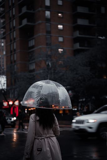 A person holding a transparent umbrella on a rainy city street in NYC, Manhatta