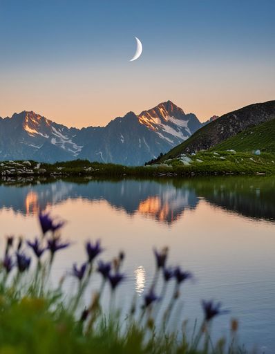 The crescent moon and sunset over a serene lake and mountains. Colorado