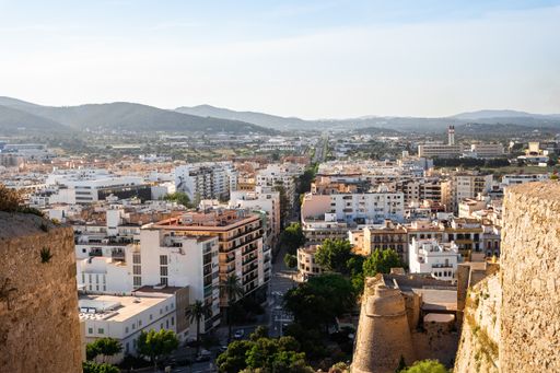 Wide view of the mediterranean Ibiza city on a summer day with a clear blue sky
