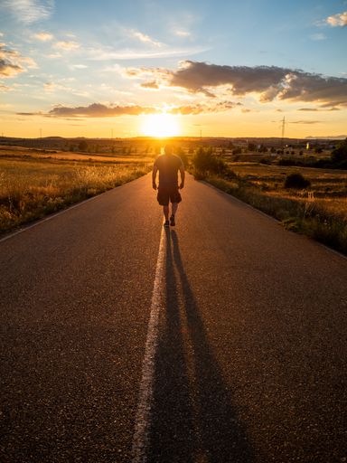 A vertical shot of a strong man walking on a road with his back and facing the sunset