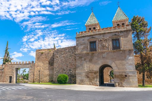 The Puerta de la Bisagra (Gate of Bisagra) in the medieval city of Toledo, Spain.