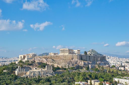 Acropolis, Parthenon, Athens, Greece, summer 2021, as seen from the hill of Philopapos