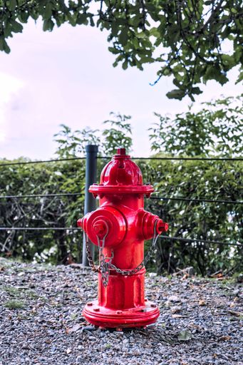 A bright red fire hydrant standing on a gravel surface with green foliage in the background.