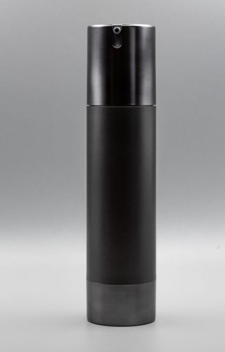 A black matte cosmetic spray bottle on a gray background