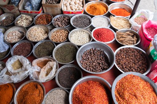 A variety of spices and herbs in the market