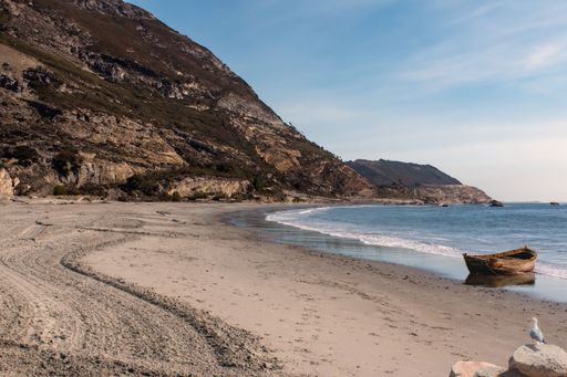 A scenic view of a deserted beach with a wooden boat and seagull under a clear blue sky