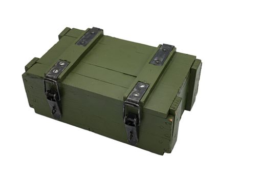 military style wooden box on white background. It is green, built with slats, nails and reinforcements. The closures and hinges are blued black.