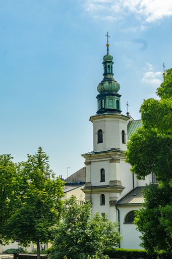 The beautiful Diocese of Lowicz with a green dome surrounded by lush trees under a clear blue sky