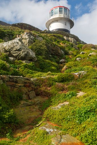 A scenic view of a lighthouse on a rocky hill with greenery in Cape of Good Hope, South Africa
