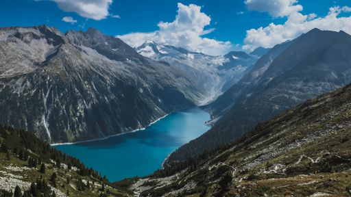 The lake between the mountains in the Schlegeisspeicher, in Zillertal,  Austria.