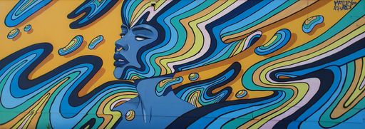 A wall painting graffiti in yellow and blue colors